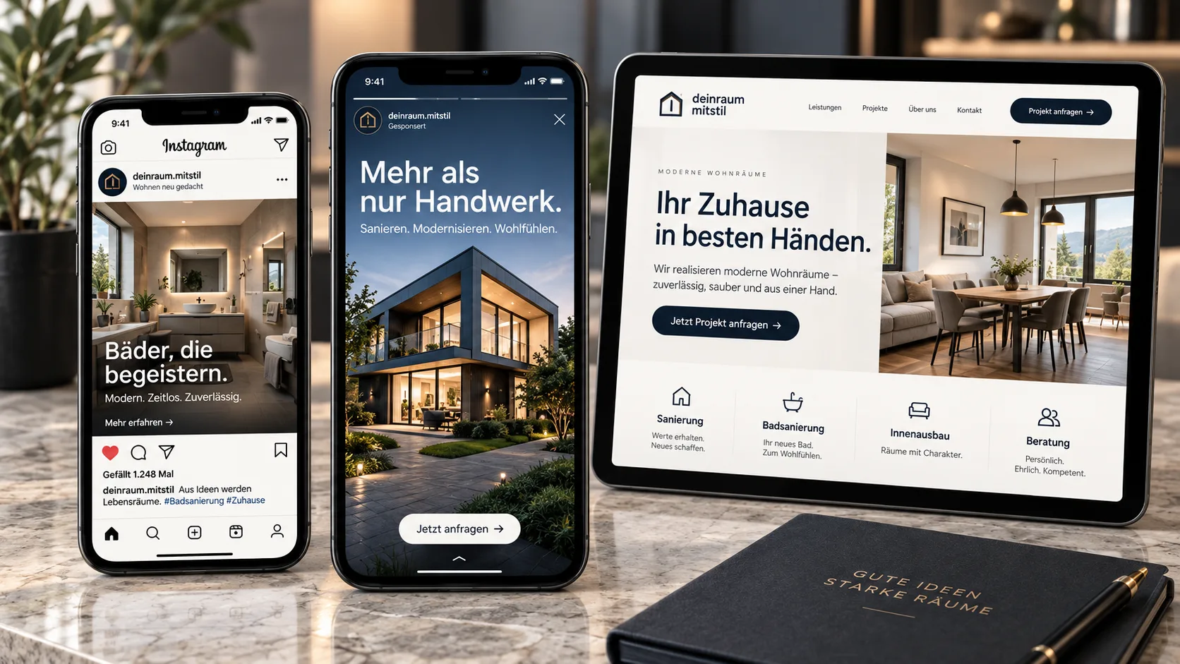 Social-Media-Beiträge, eine Anzeige und eine Landingpage eines Unternehmens auf Smartphone und Tablet