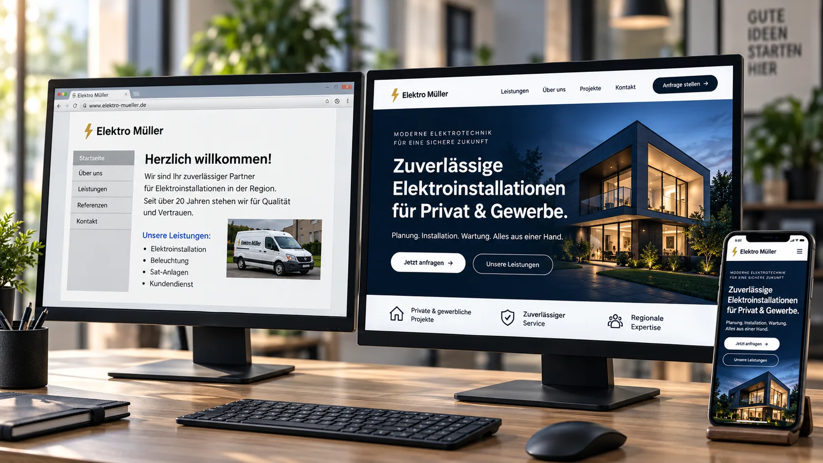 Vorher und nachher: eine veraltete Unternehmenswebsite neben einem modernen Redesign auf Desktop und Smartphone